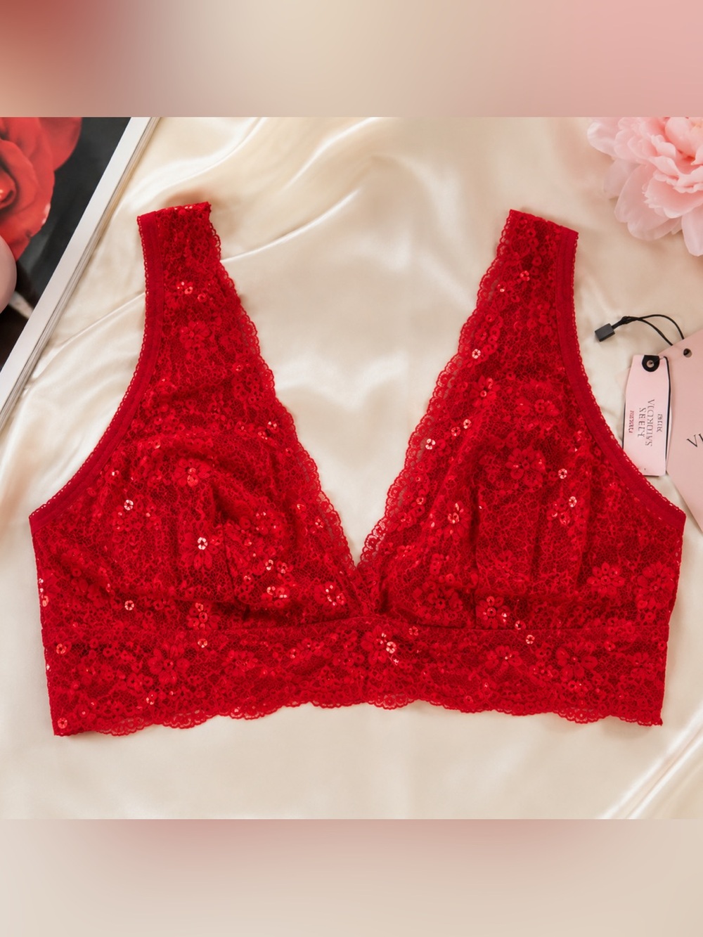 Victoria’s Secret Sexy Tee Red Lace Sequin Bralette XL NWT
